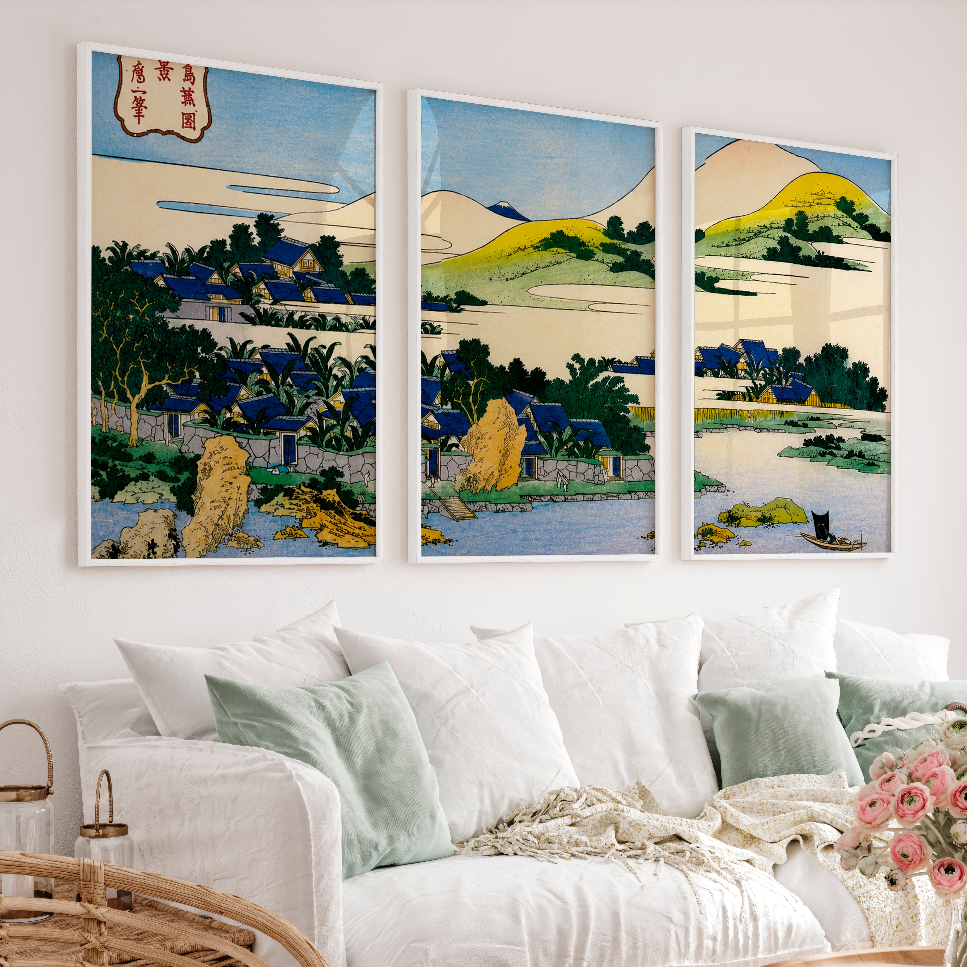 Japanese Art Decor Featuring Pine and Cherry Blossom Landscape - White Framed Poster No Border - Artworksets