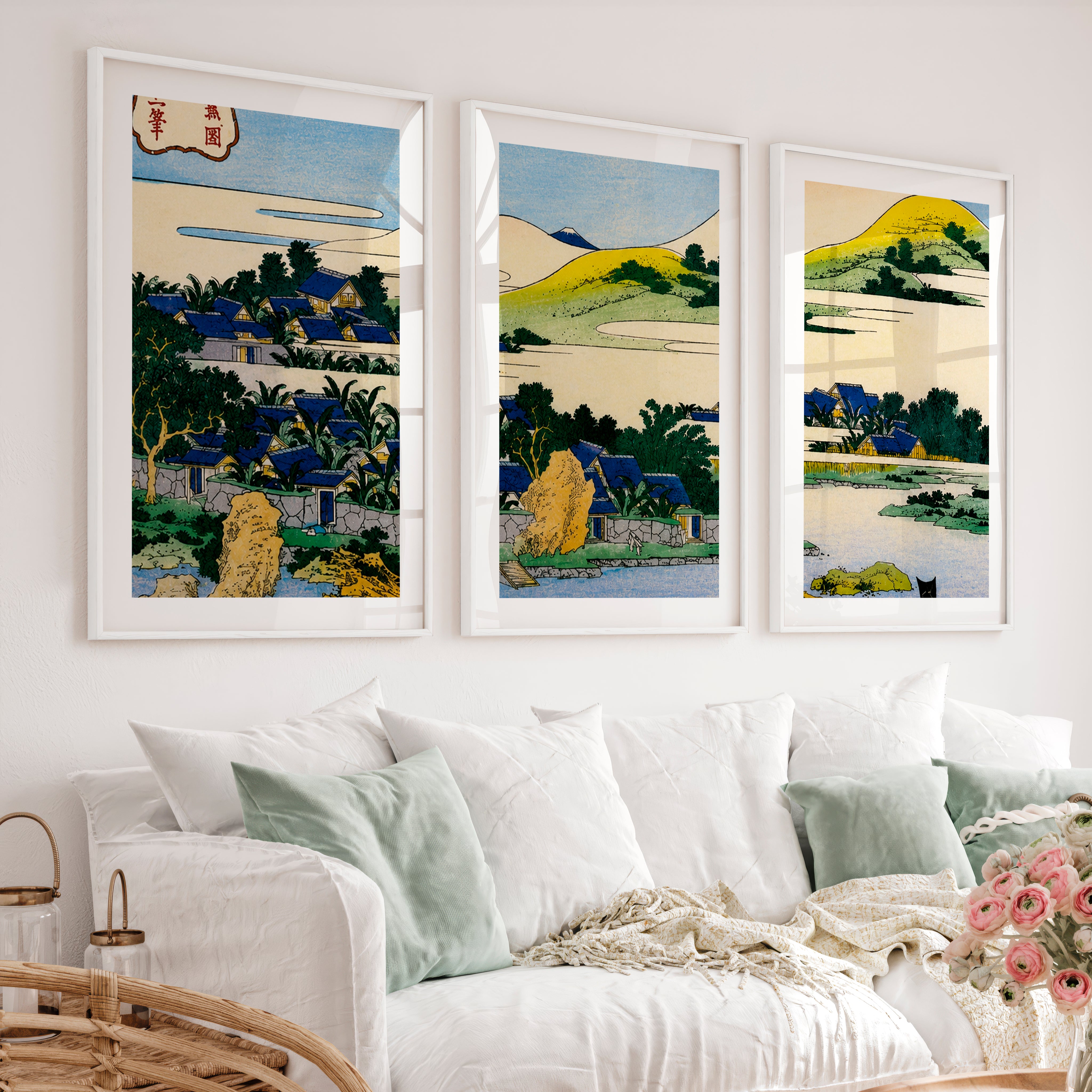 Japanese Art Decor Featuring Pine and Cherry Blossom Landscape - White Framed Poster with White Border - Artworksets