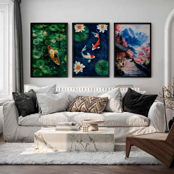Japanese Art Decor Featuring Pine Trees and Sailboats in Tranquil Landscape - Black Framed Poster No Border - Artworksets