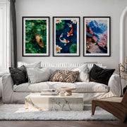 Japanese Art Decor Featuring Pine Trees and Sailboats in Tranquil Landscape - Black Framed Poster with White Border - Artworksets