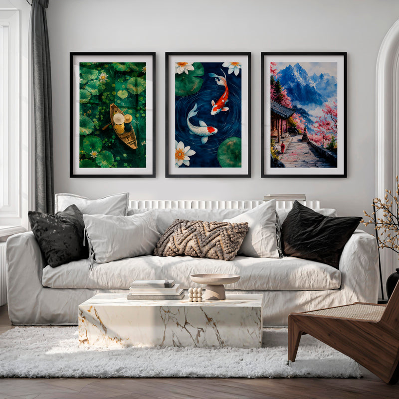 Japanese Art Decor Featuring Pine Trees and Sailboats in Tranquil Landscape - Black Framed Poster with White Border - Artworksets