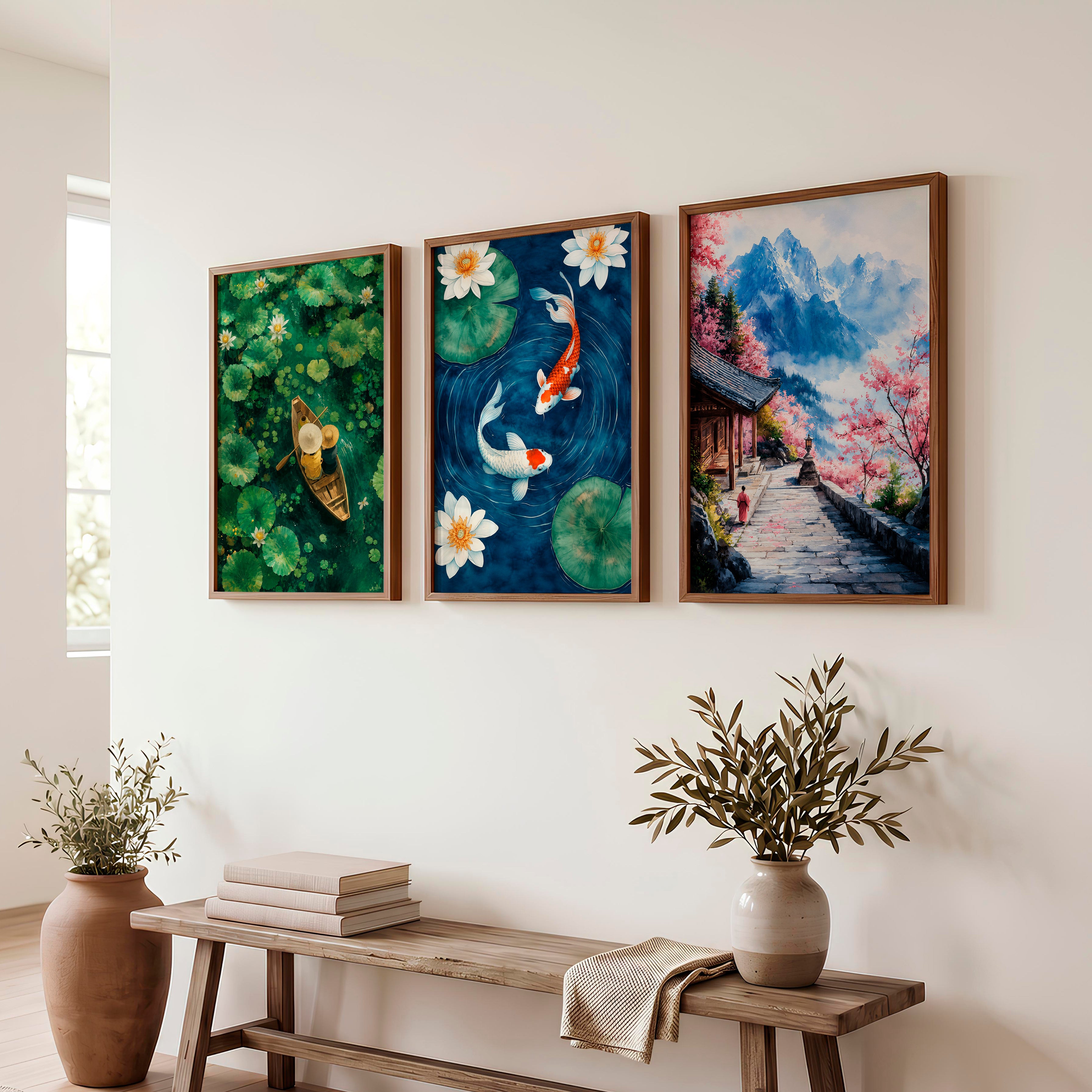 Japanese Art Decor Featuring Pine Trees and Sailboats in Tranquil Landscape - Dark Brown Framed Poster No Border - Artworksets