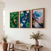 Japanese Art Decor Featuring Pine Trees and Sailboats in Tranquil Landscape - Dark Brown Framed Poster No Border - Artworksets