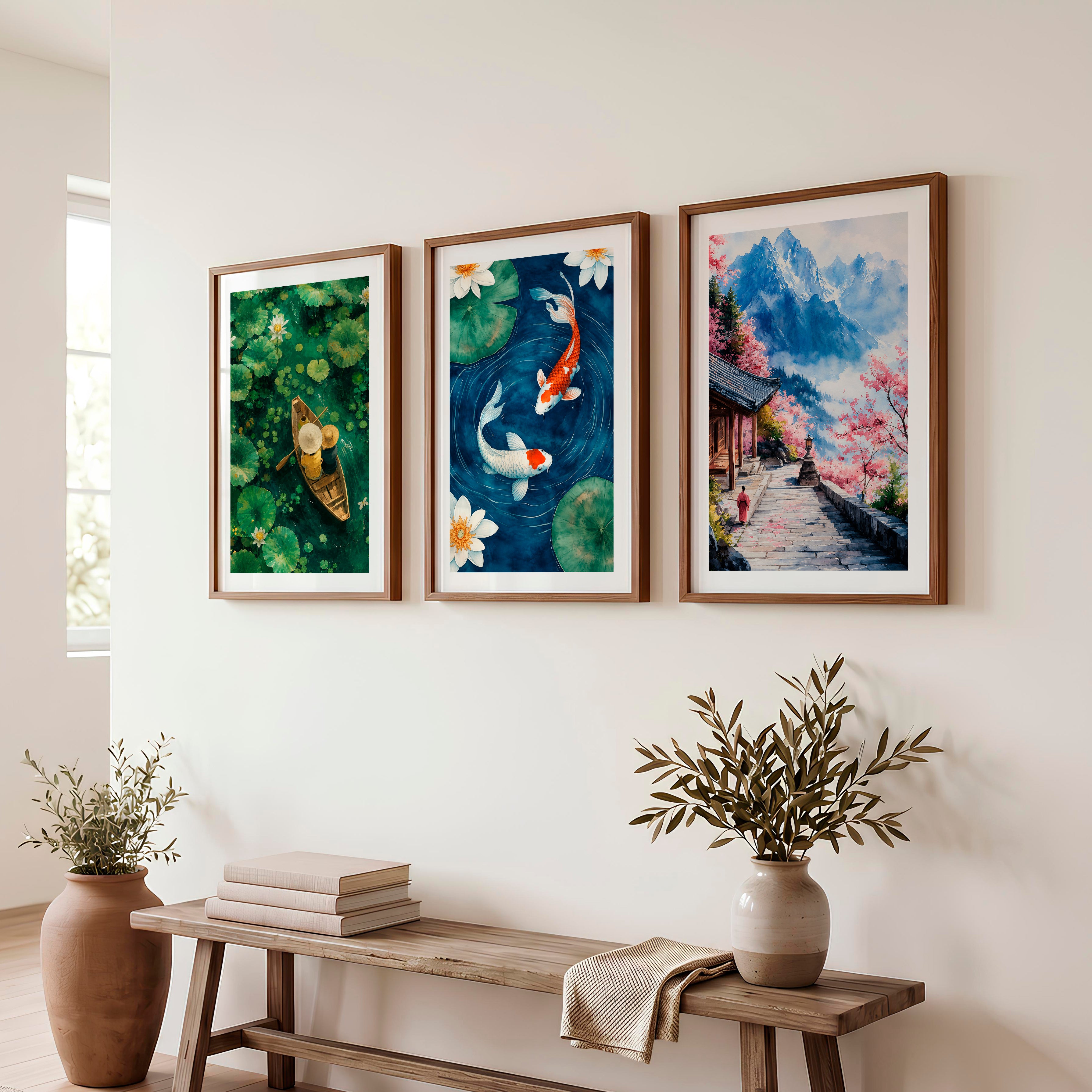 Japanese Art Decor Featuring Pine Trees and Sailboats in Tranquil Landscape - Dark Brown Framed Poster with White Border - Artworksets