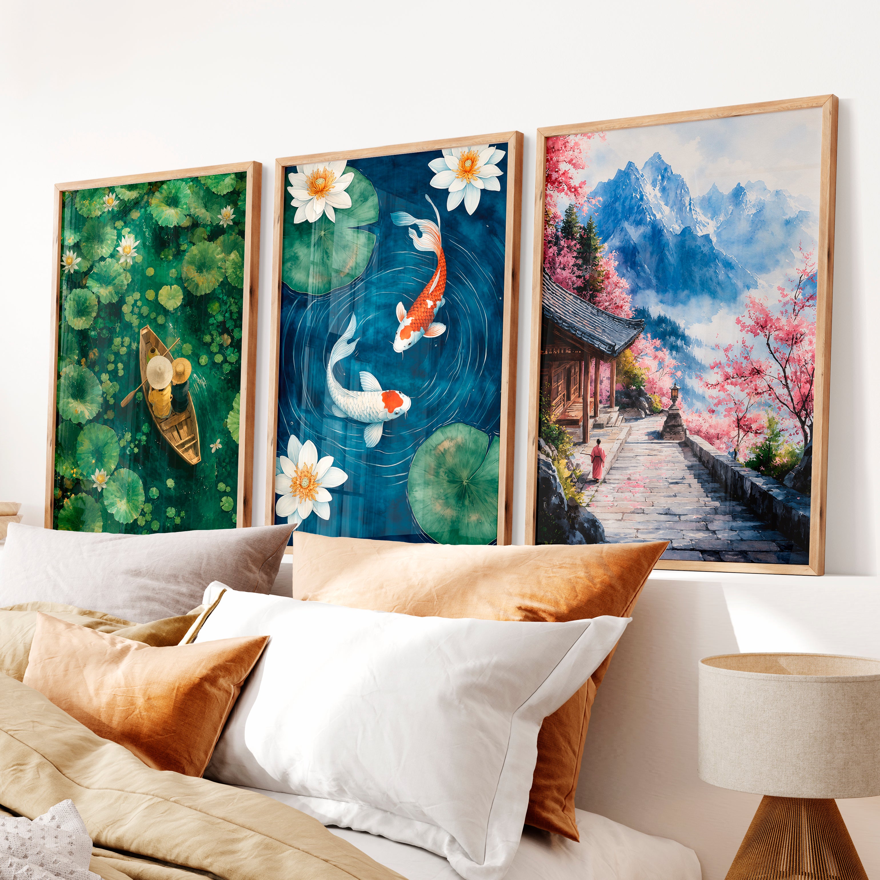 Japanese Art Decor Featuring Pine Trees and Sailboats in Tranquil Landscape - Natural Wood Framed Poster No Border - Artworksets