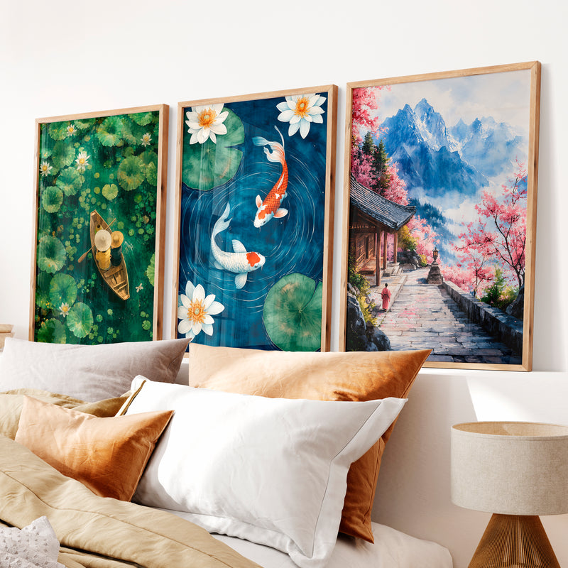 Japanese Art Decor Featuring Pine Trees and Sailboats in Tranquil Landscape - Natural Wood Framed Poster No Border - Artworksets