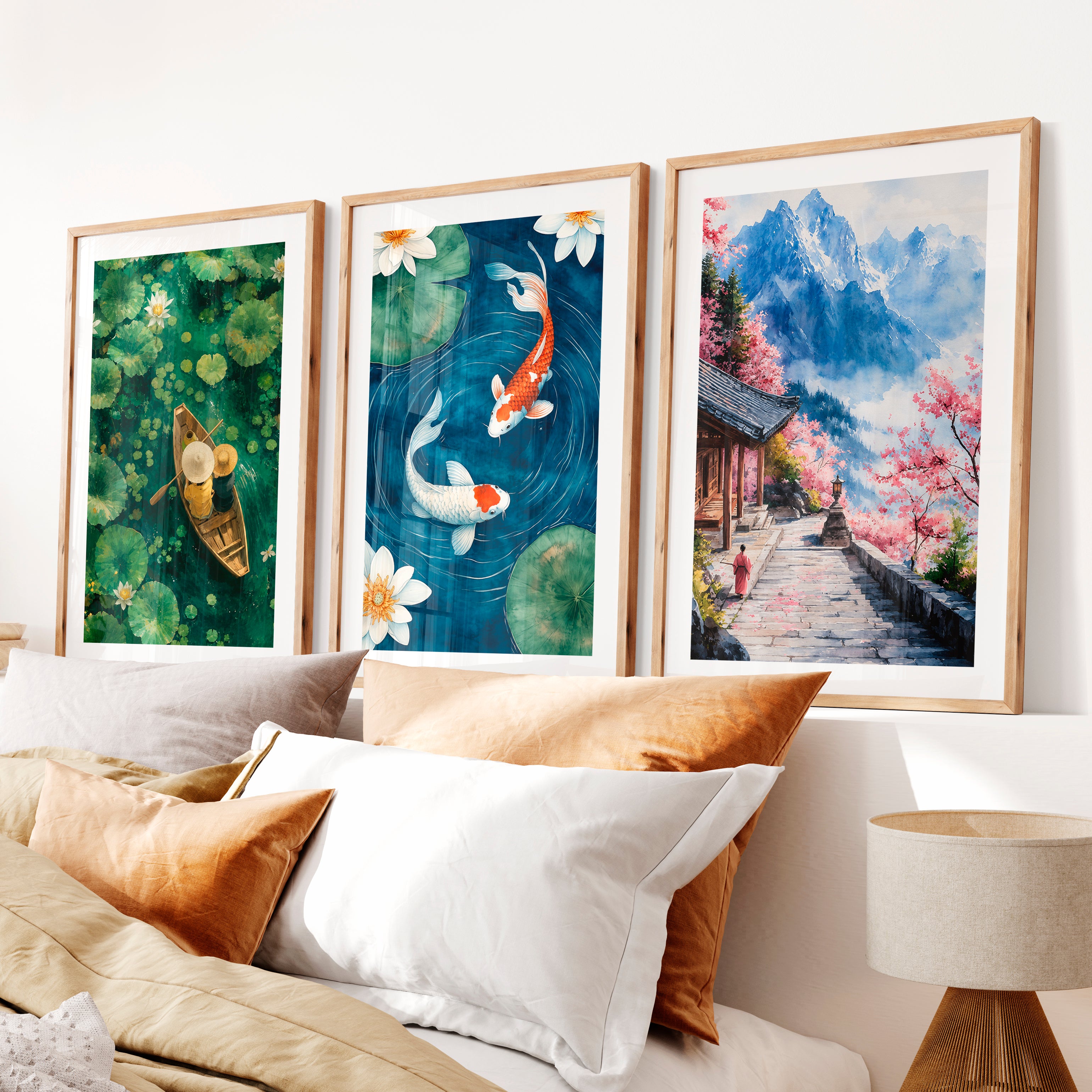 Japanese Art Decor Featuring Pine Trees and Sailboats in Tranquil Landscape- Natural Wood Framed Poster with White Border - Artworksets