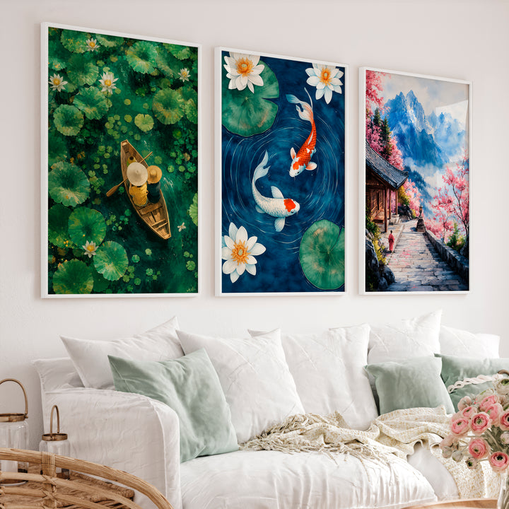 Japanese Art Decor Featuring Pine Trees and Sailboats in Tranquil Landscape - White Framed Poster No Border - Artworksets