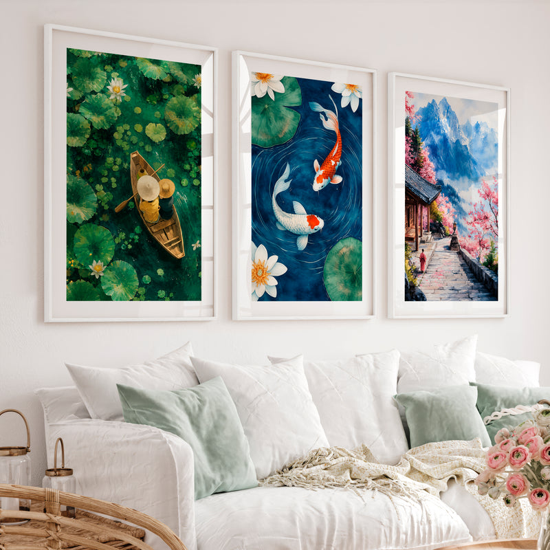 Japanese Art Decor Featuring Pine Trees and Sailboats in Tranquil Landscape - White Framed Poster with White Border - Artworksets
