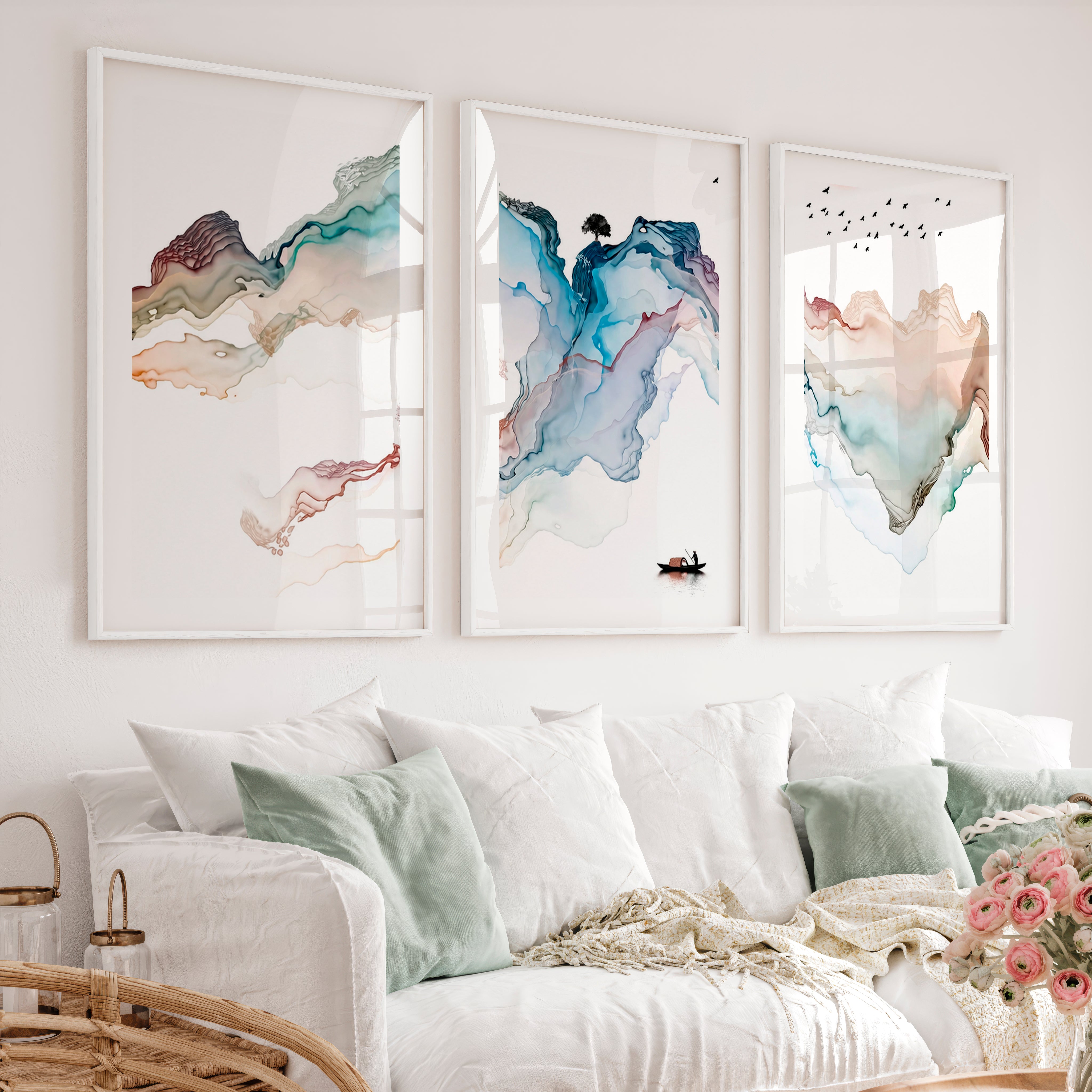 Japanese Art Featuring a Fox Swimming Through Waves - White Framed Poster with White Border - Artworksets