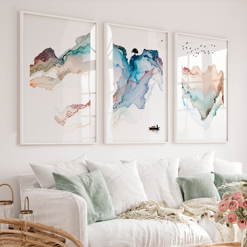 Japanese Art Featuring a Fox Swimming Through Waves - White Framed Poster with White Border - Artworksets