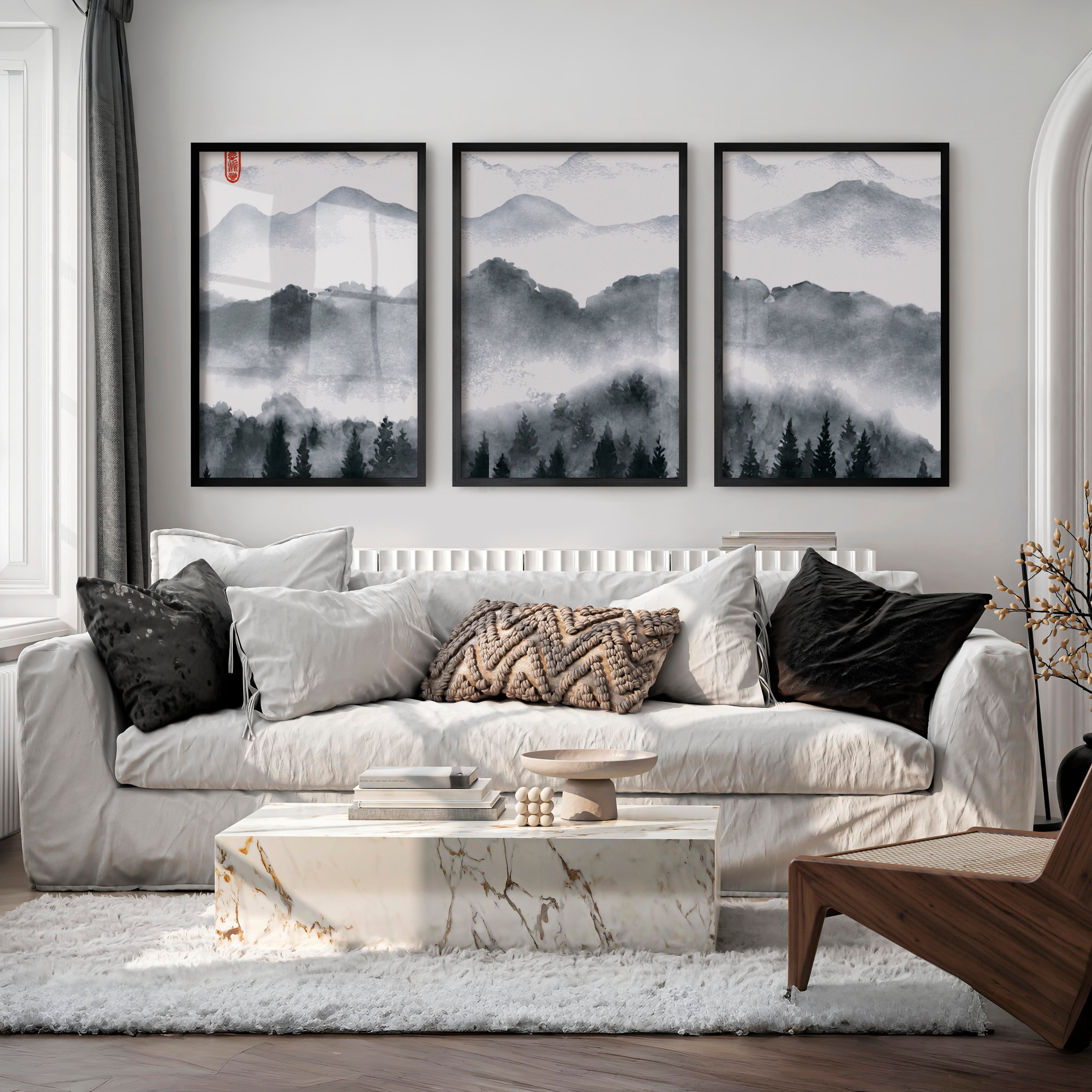 Japanese Art Set Featuring Rolling Hills - Black Framed Poster No Border - Artworksets