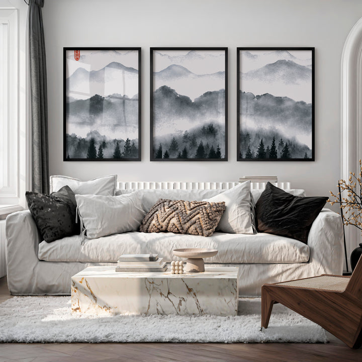 Japanese Art Set Featuring Rolling Hills - Black Framed Poster No Border - Artworksets