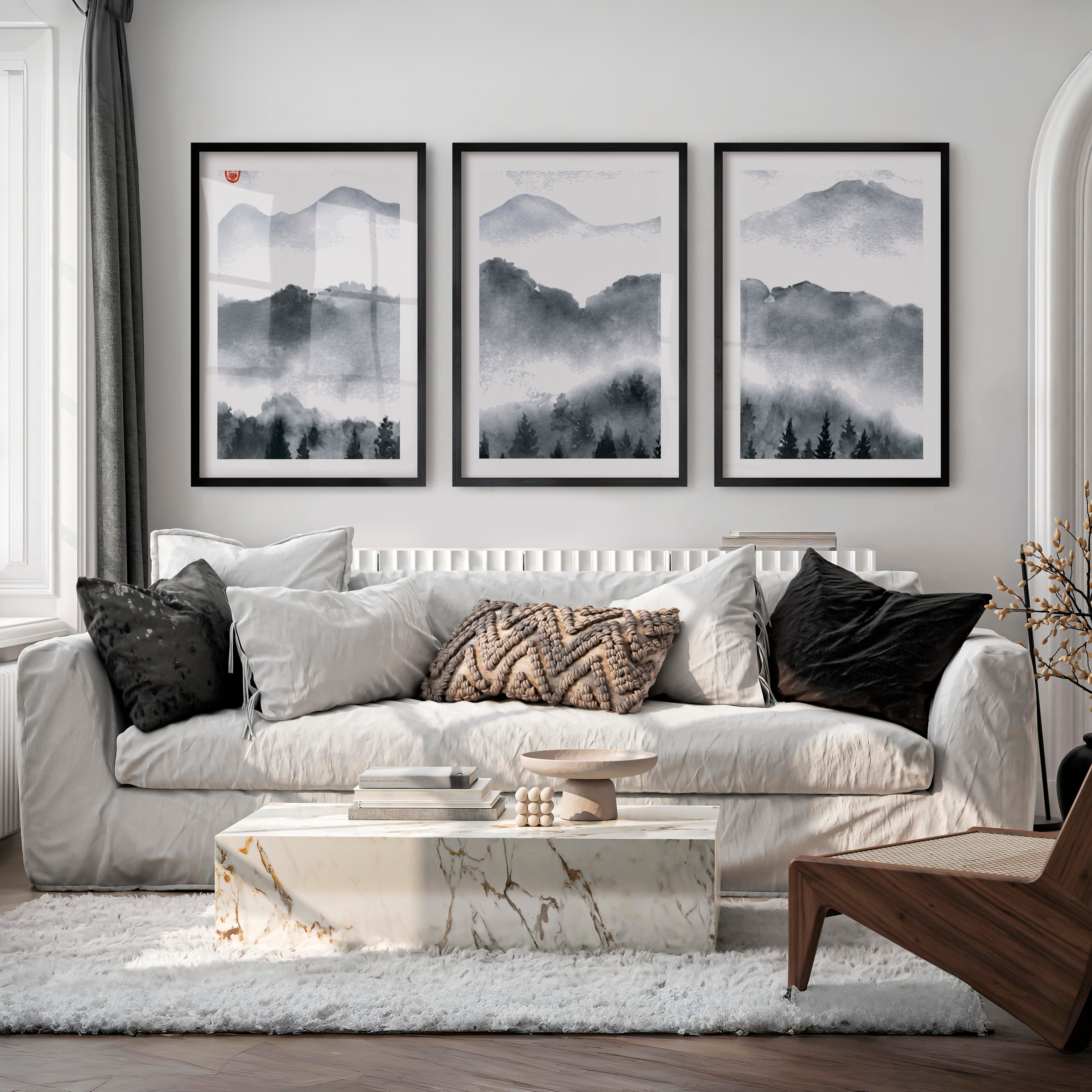 Japanese Art Set Featuring Rolling Hills - Black Framed Poster with White Border - Artworksets
