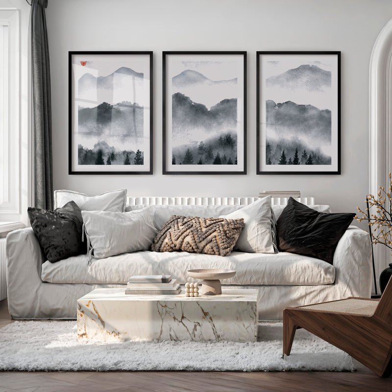 Japanese Art Set Featuring Rolling Hills - Black Framed Poster with White Border - Artworksets