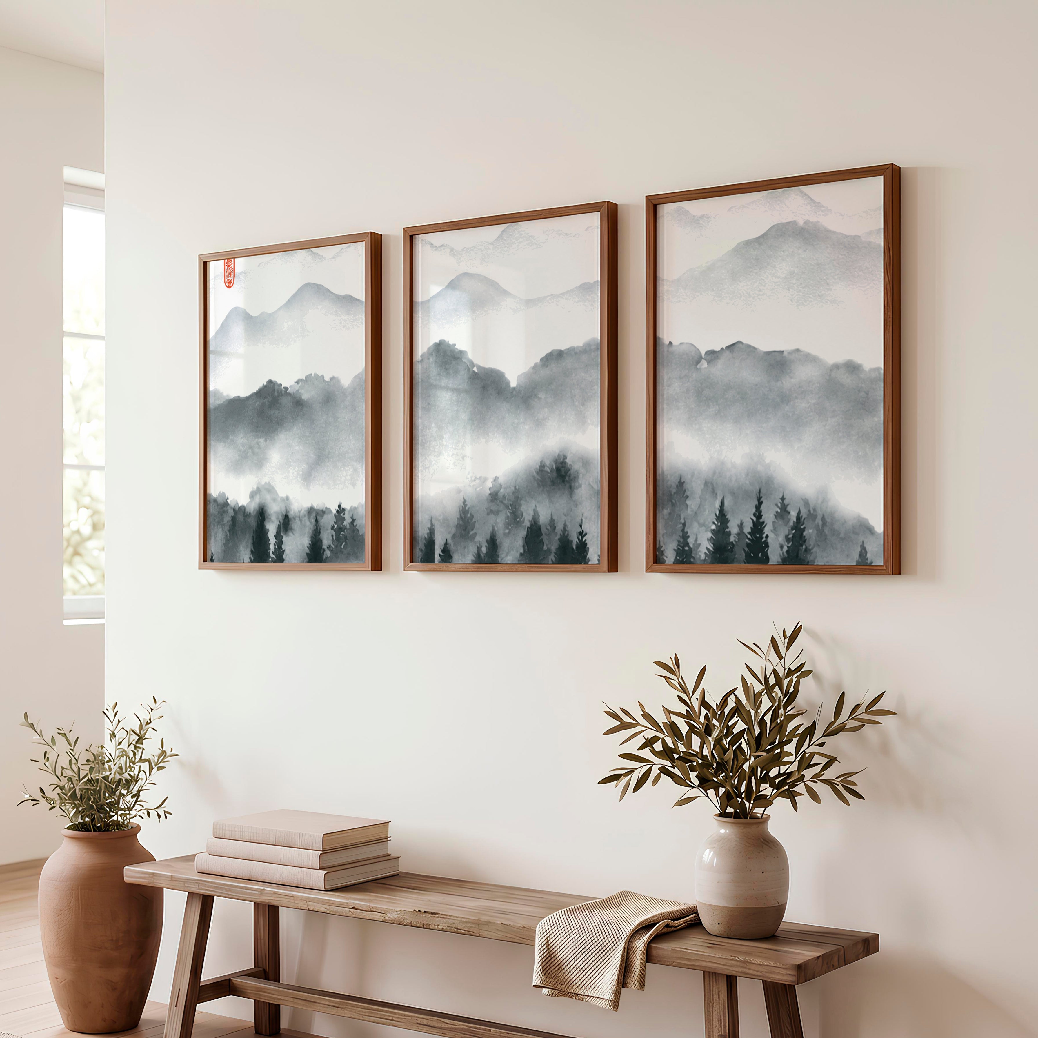 Japanese Art Set Featuring Rolling Hills - Dark Brown Framed Poster No Border - Artworksets