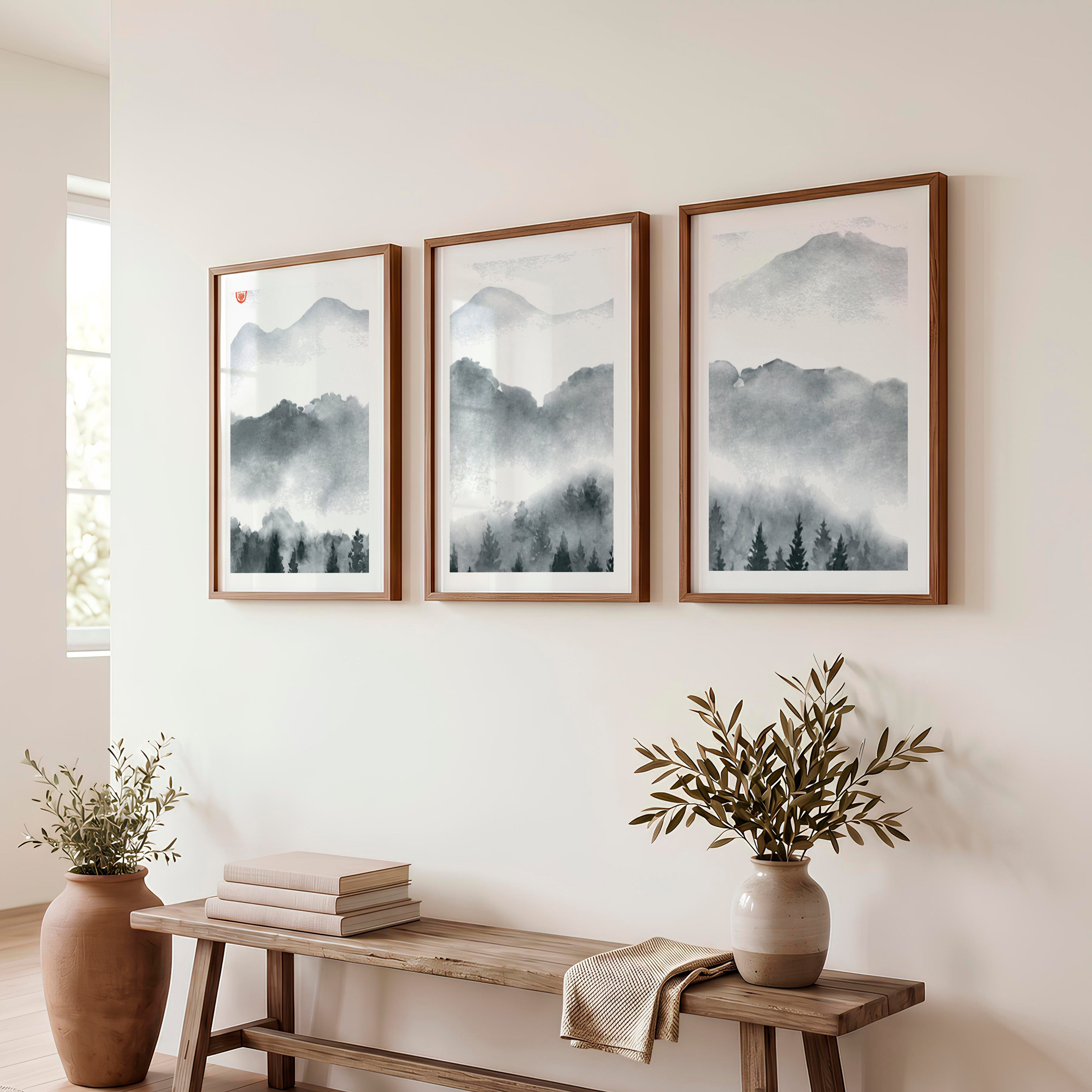 Japanese Art Set Featuring Rolling Hills - Dark Brown Framed Poster with White Border - Artworksets