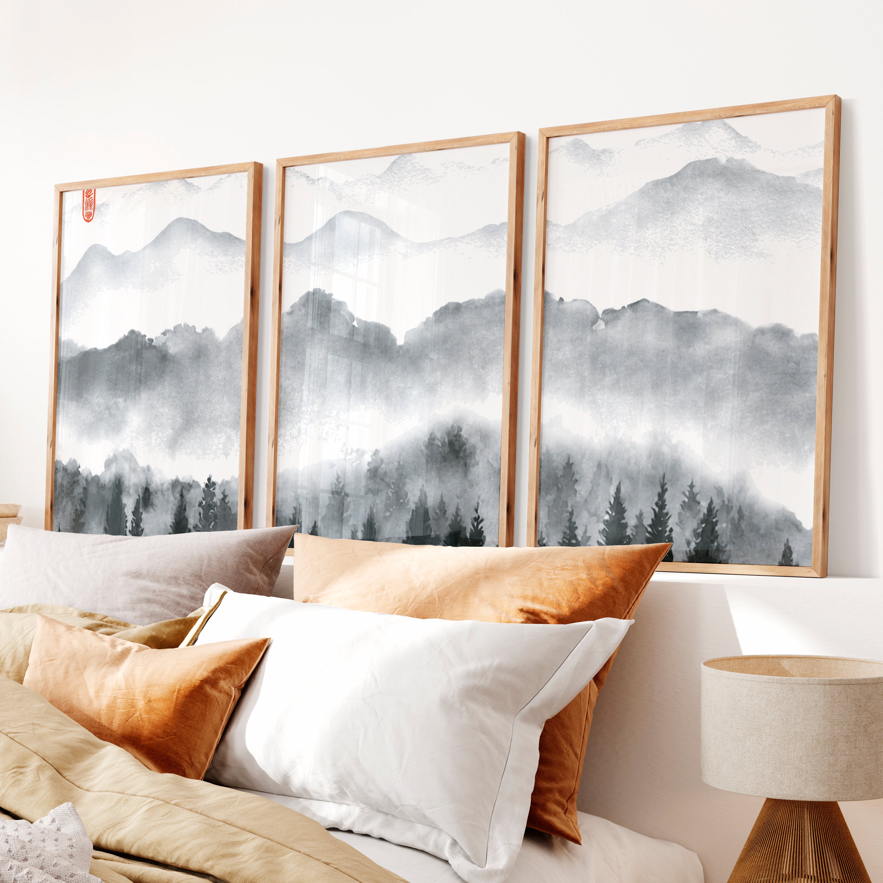 Japanese Art Set Featuring Rolling Hills - Natural Wood Framed Poster No Border - Artworksets