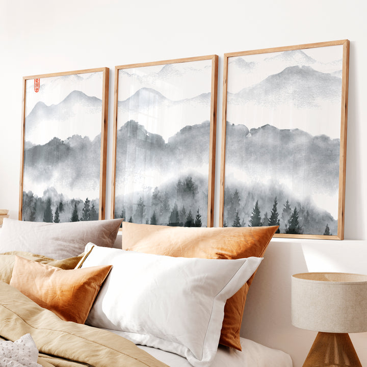 Japanese Art Set Featuring Rolling Hills - Natural Wood Framed Poster No Border - Artworksets