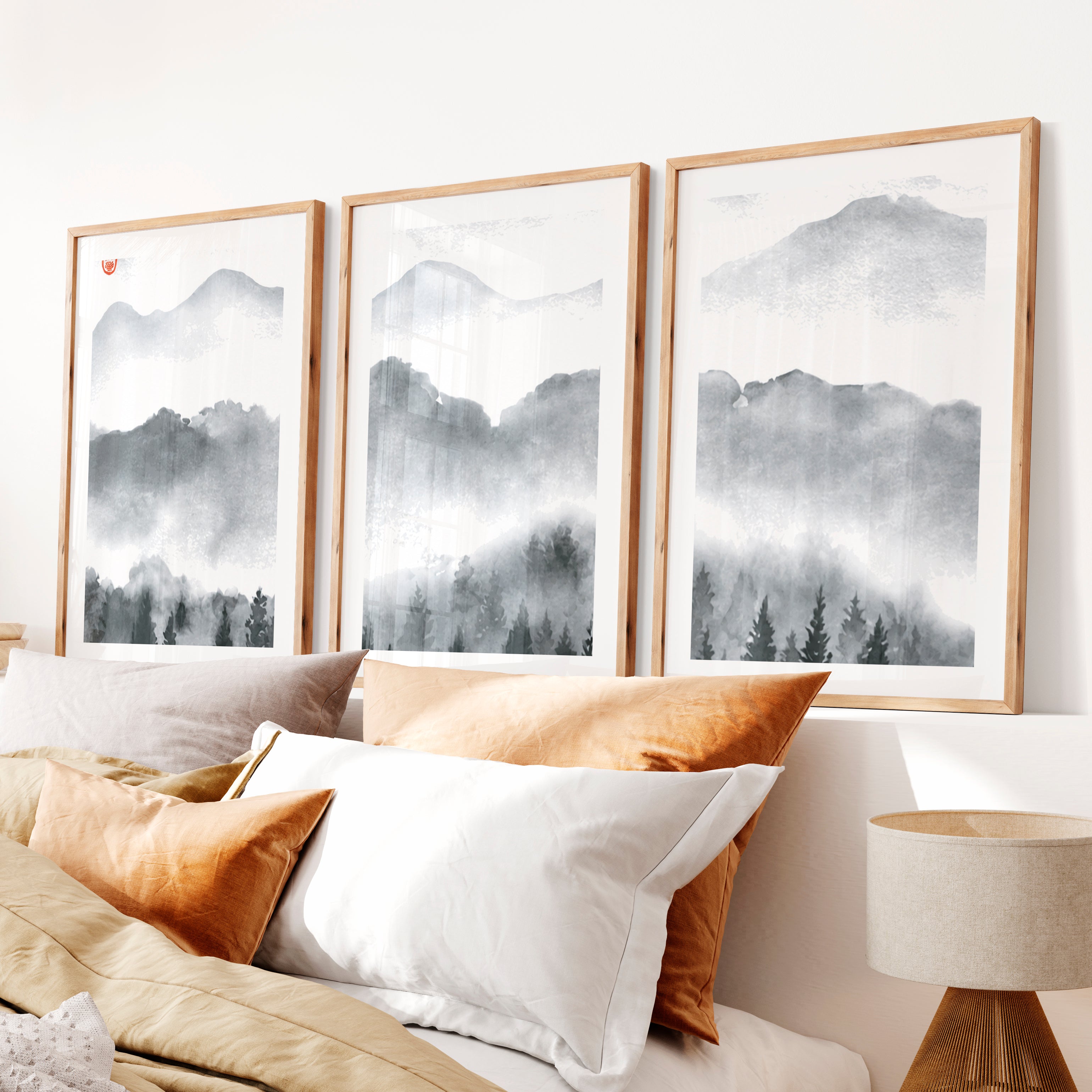 Japanese Art Set Featuring Rolling Hills- Natural Wood Framed Poster with White Border - Artworksets