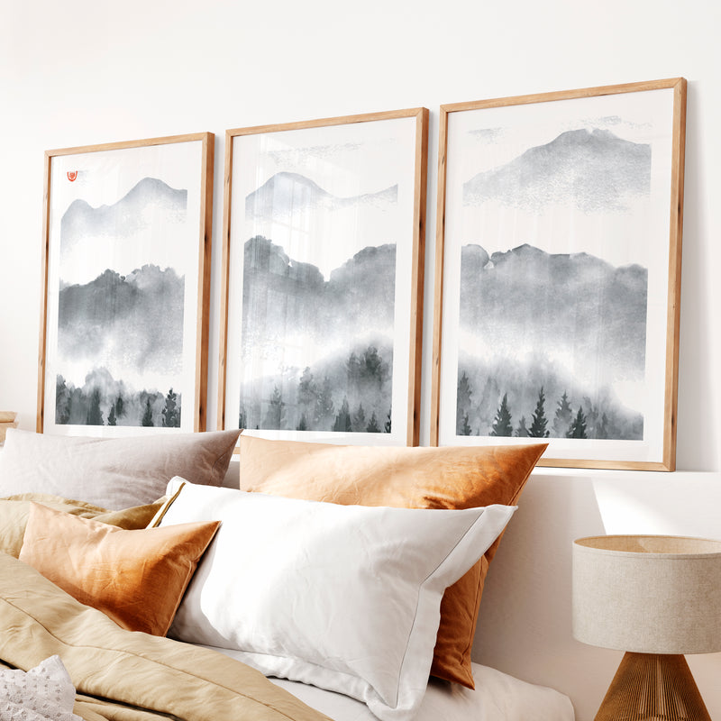 Japanese Art Set Featuring Rolling Hills- Natural Wood Framed Poster with White Border - Artworksets