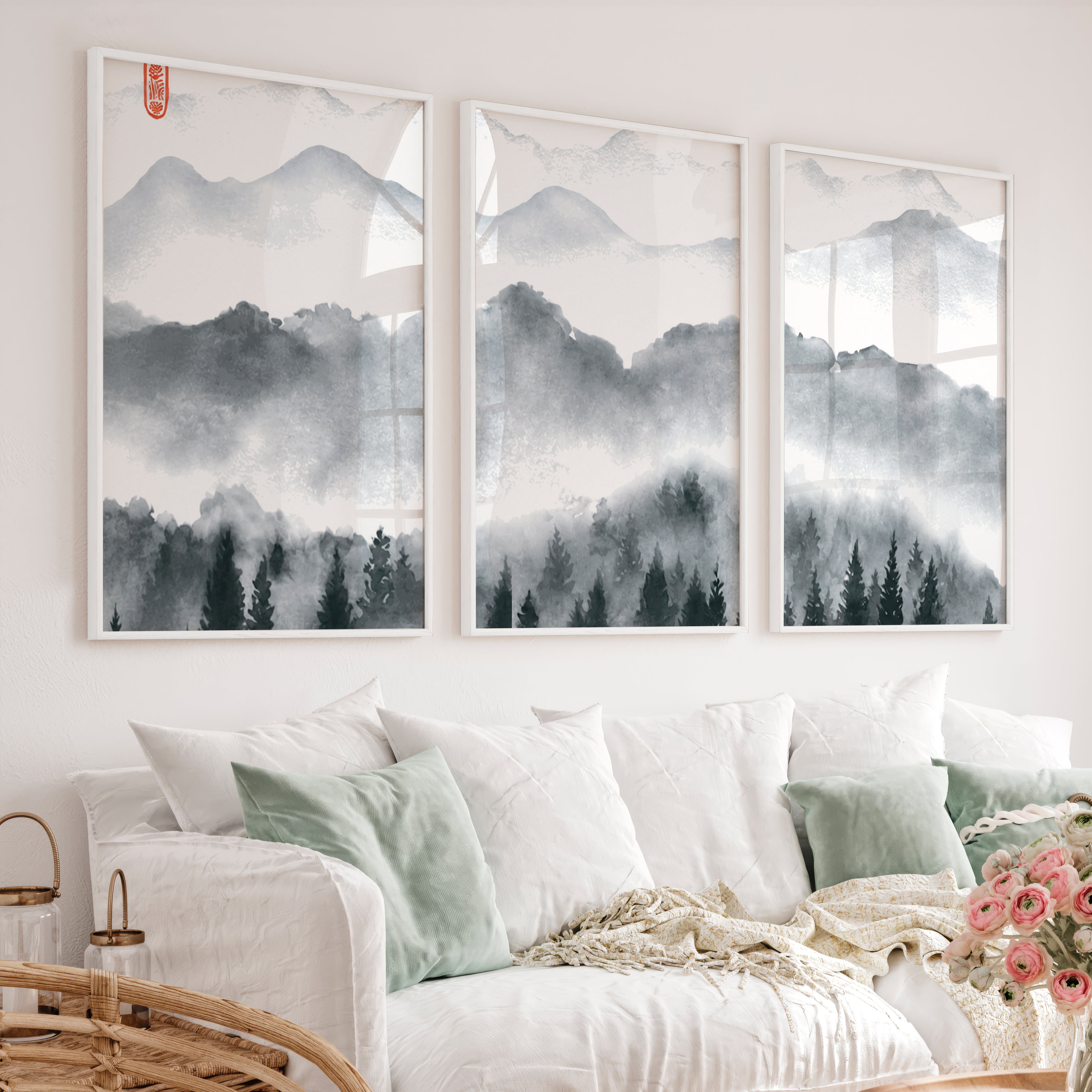 Japanese Art Set Featuring Rolling Hills - White Framed Poster No Border - Artworksets