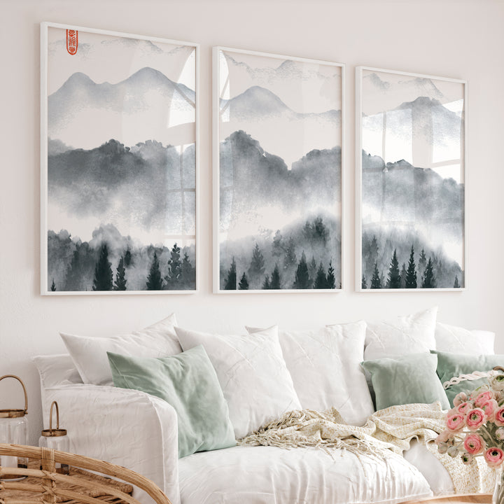 Japanese Art Set Featuring Rolling Hills - White Framed Poster No Border - Artworksets