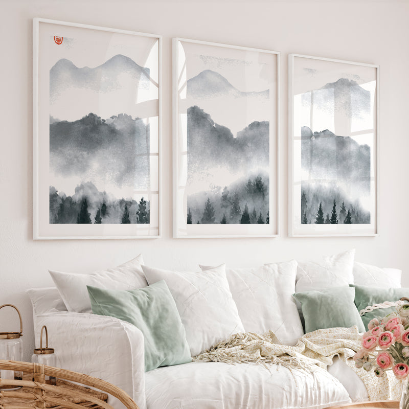 Japanese Art Set Featuring Rolling Hills - White Framed Poster with White Border - Artworksets