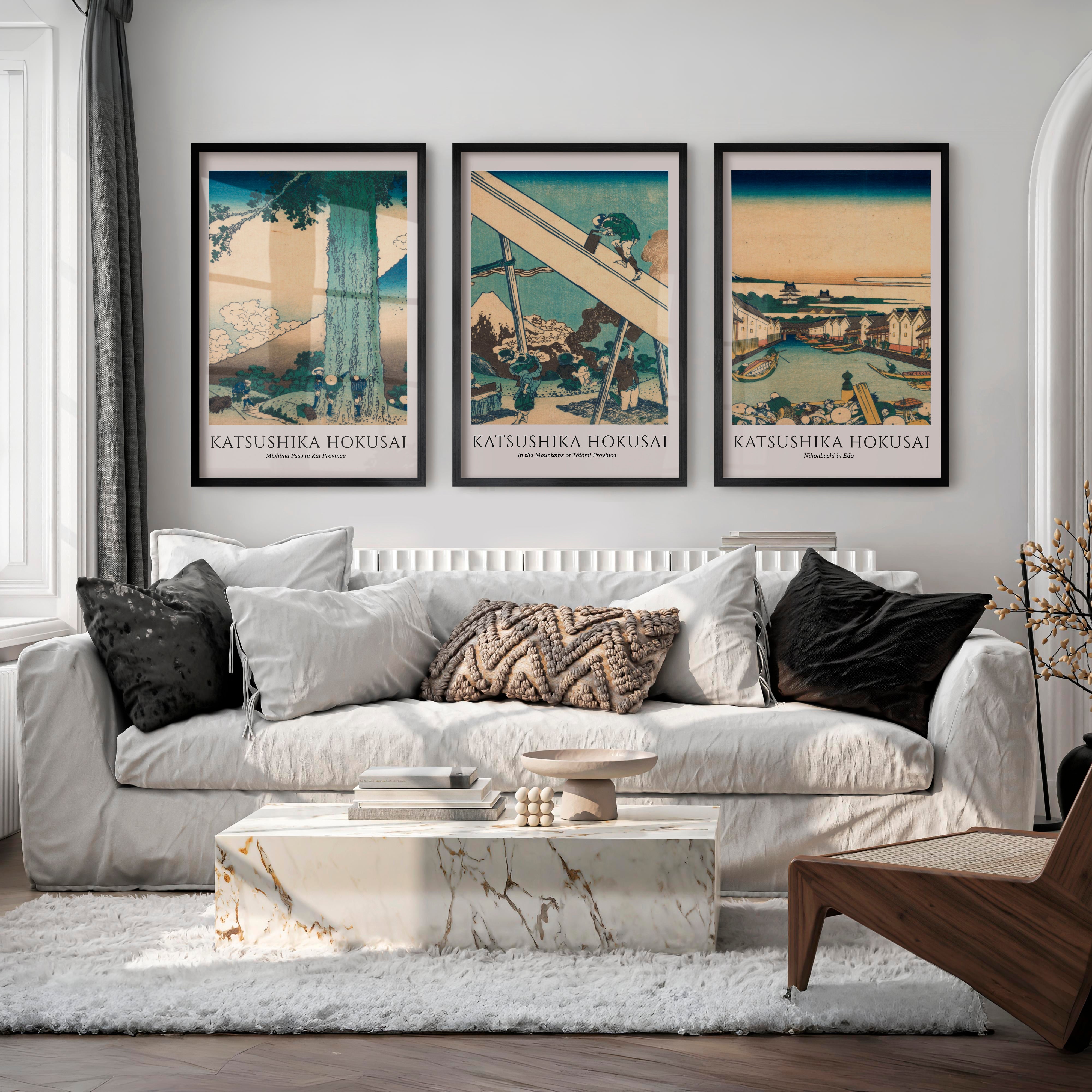 Hokusai japanese art Set with Fuji and Edo Views - Black Framed Poster No Border - Artworksets