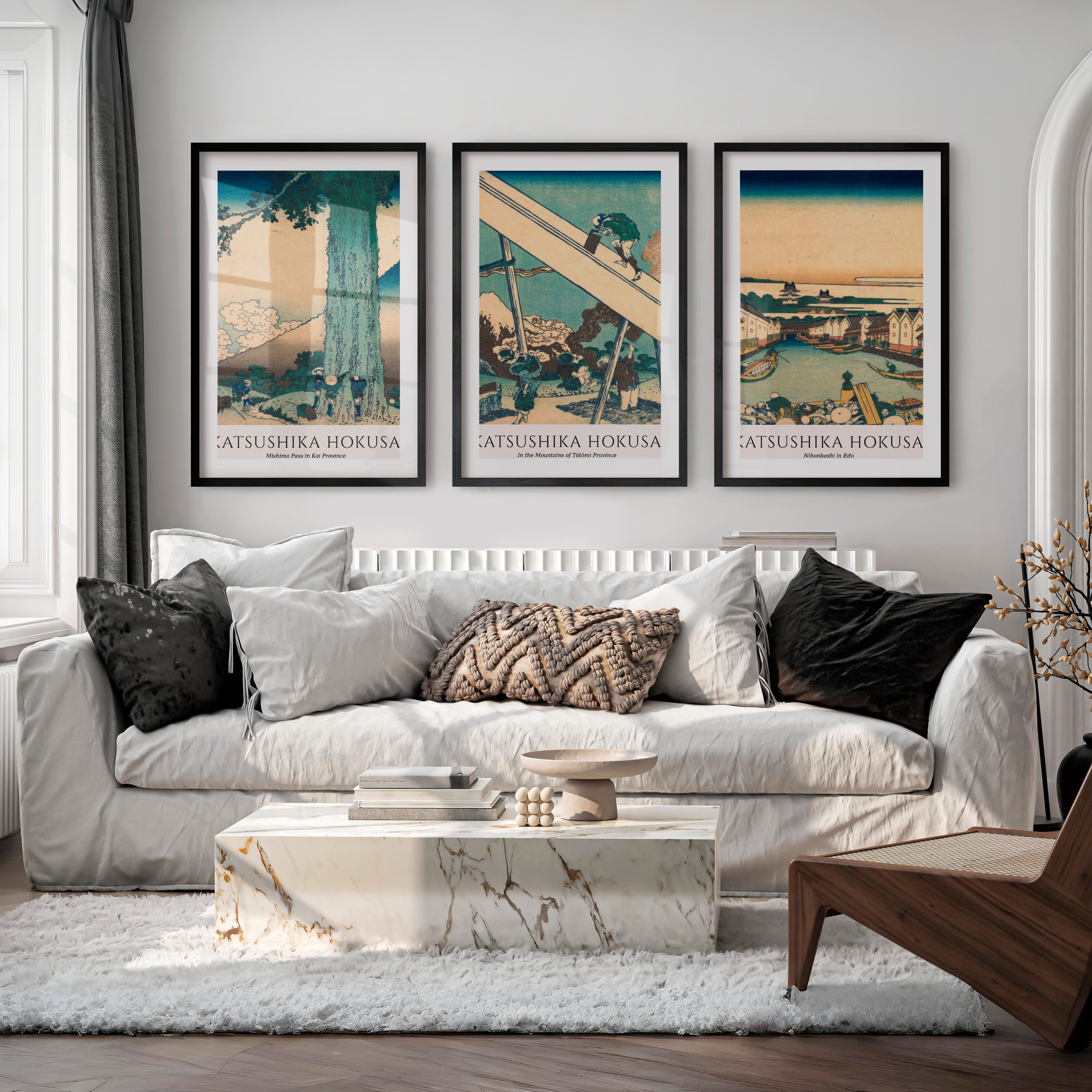 Hokusai japanese art Set with Fuji and Edo Views - Black Framed Poster with White Border - Artworksets