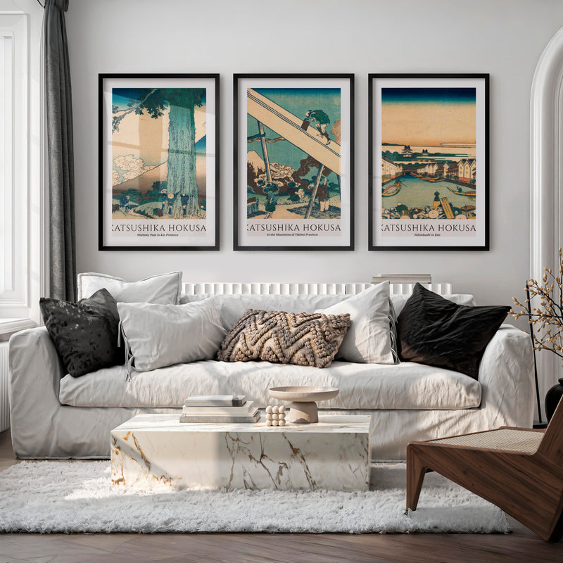 Hokusai japanese art Set with Fuji and Edo Views - Black Framed Poster with White Border - Artworksets