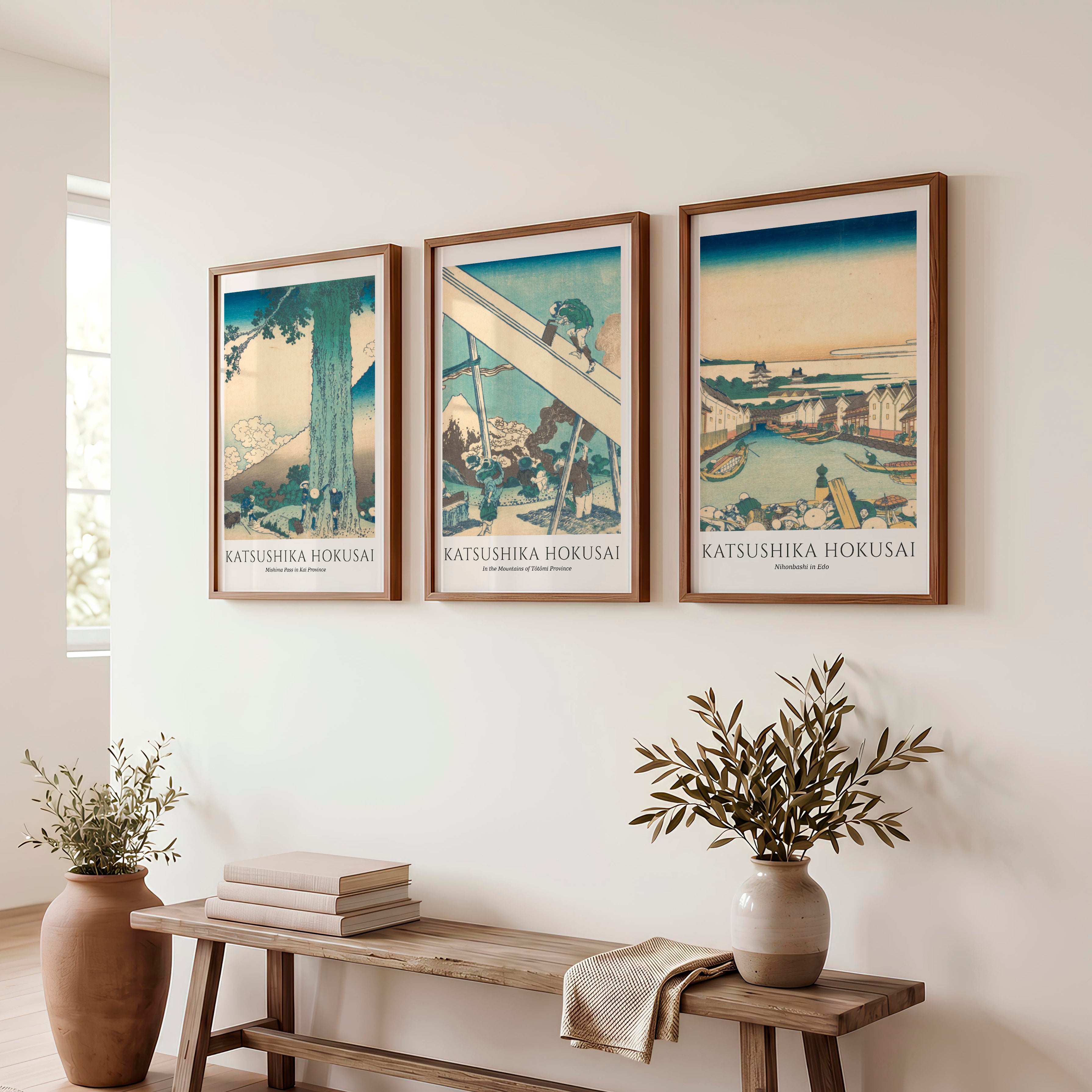Hokusai japanese art Set with Fuji and Edo Views - Dark Brown Framed Poster No Border - Artworksets