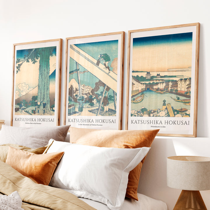 Hokusai japanese art Set with Fuji and Edo Views - Natural Wood Framed Poster No Border - Artworksets