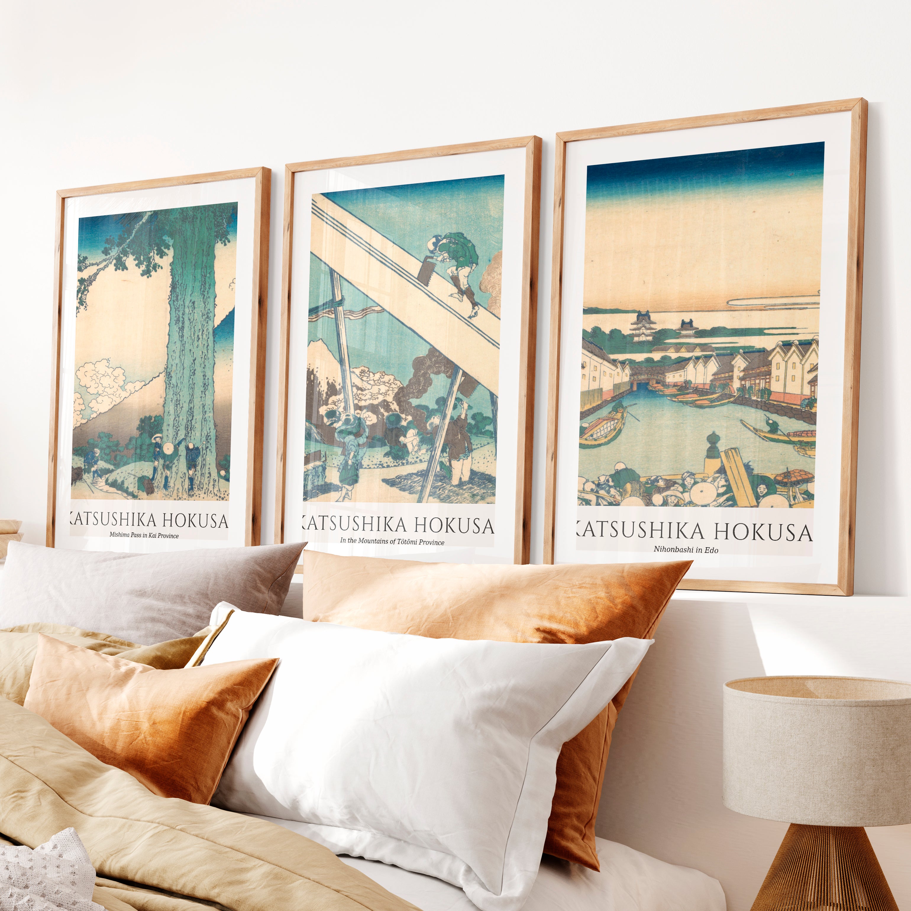 Hokusai japanese art Set with Fuji and Edo Views- Natural Wood Framed Poster with White Border - Artworksets