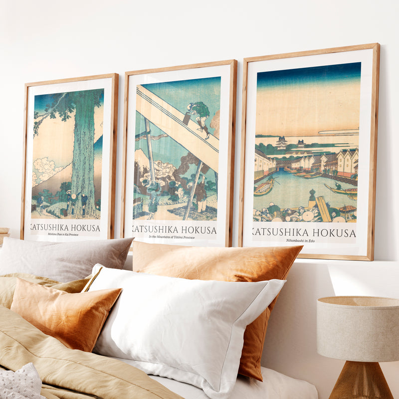 Hokusai japanese art Set with Fuji and Edo Views- Natural Wood Framed Poster with White Border - Artworksets