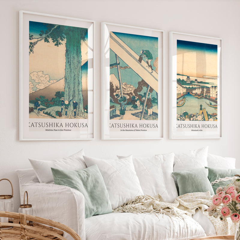 Hokusai japanese art Set with Fuji and Edo Views - White Framed Poster with White Border - Artworksets