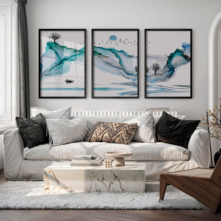 Japanese art featuring Koi Fish in Sumi-e Triptych - Black Framed Poster No Border - Artworksets