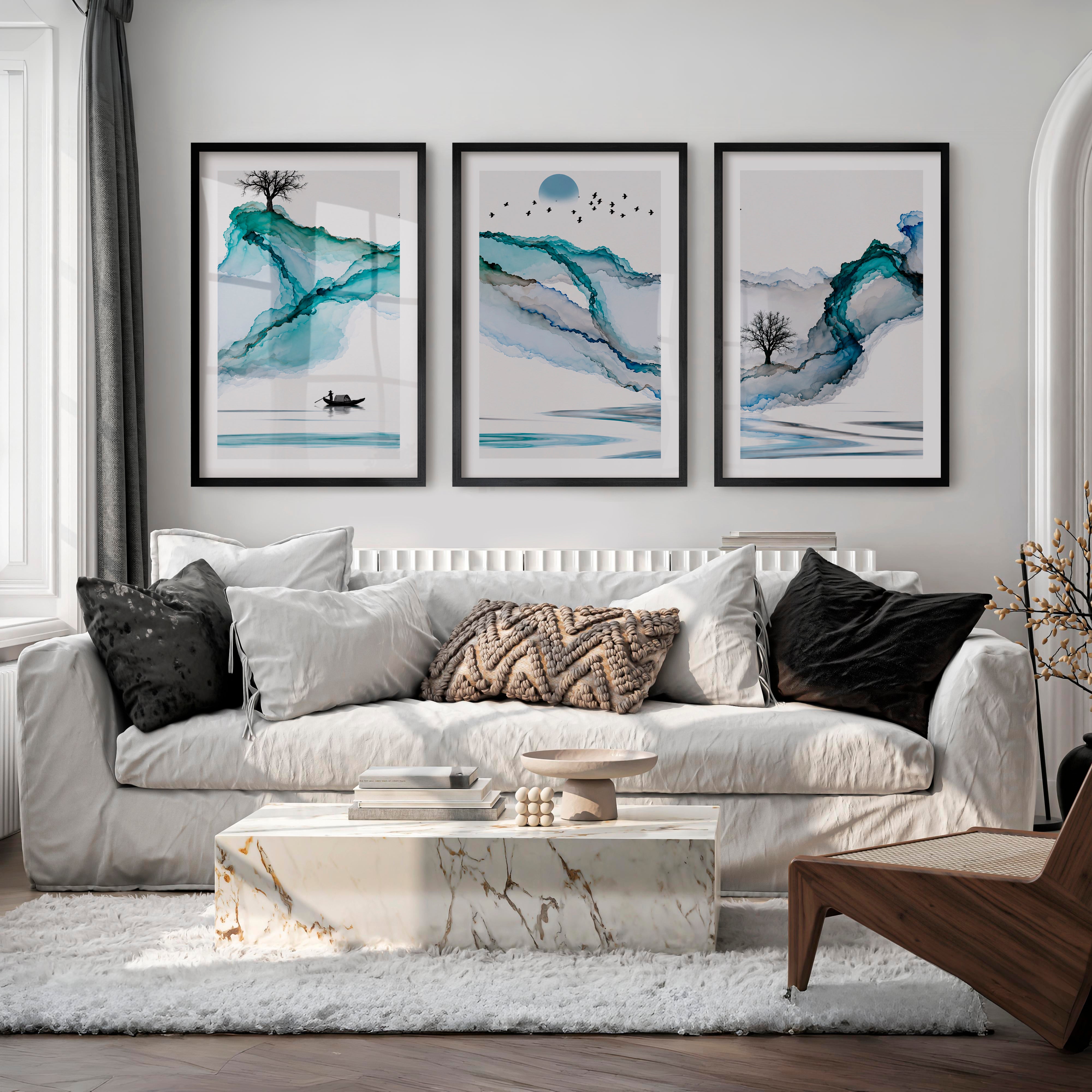 Japanese art featuring Koi Fish in Sumi-e Triptych - Black Framed Poster with White Border - Artworksets