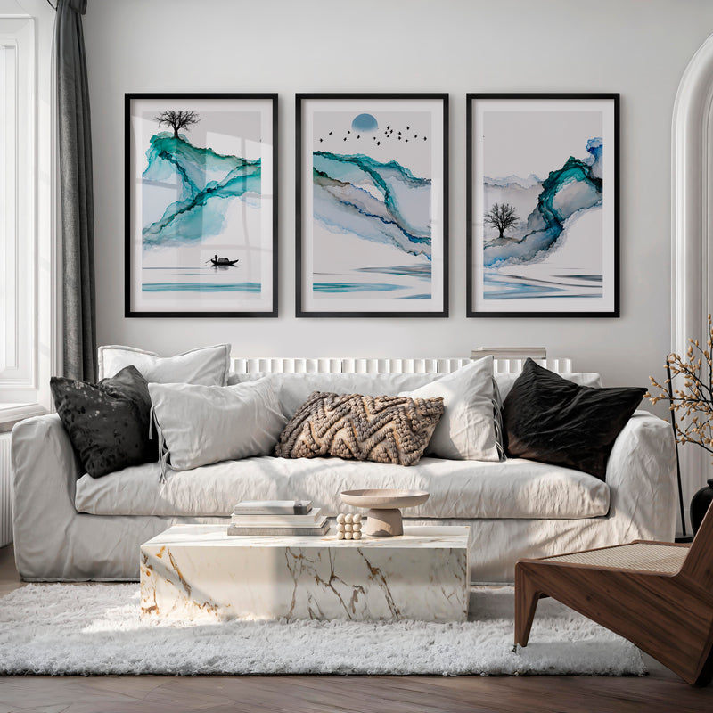 Japanese art featuring Koi Fish in Sumi-e Triptych - Black Framed Poster with White Border - Artworksets
