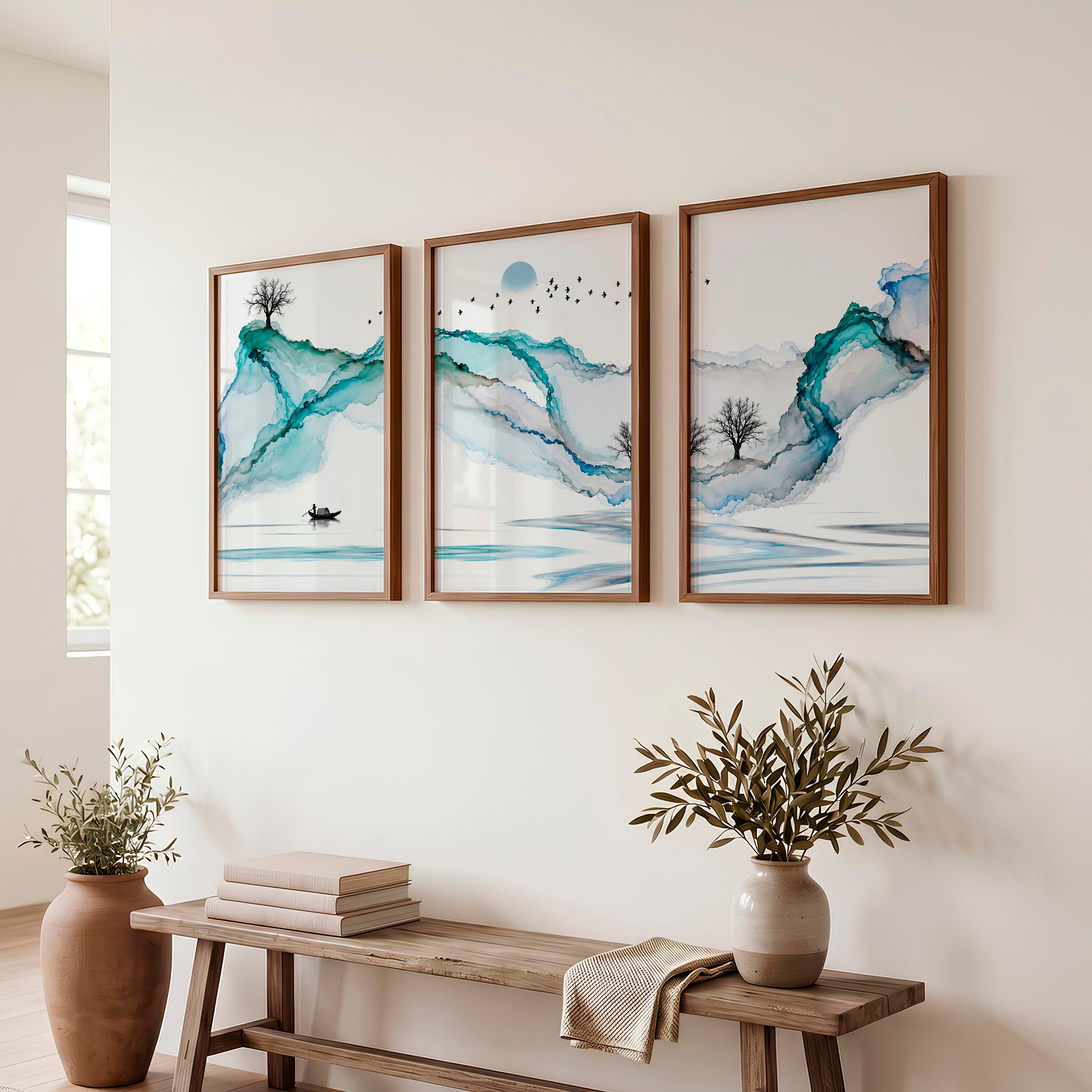 Japanese art featuring Koi Fish in Sumi-e Triptych - Dark Brown Framed Poster No Border - Artworksets
