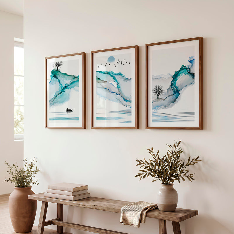 Japanese art featuring Koi Fish in Sumi-e Triptych - Dark Brown Framed Poster with White Border - Artworksets