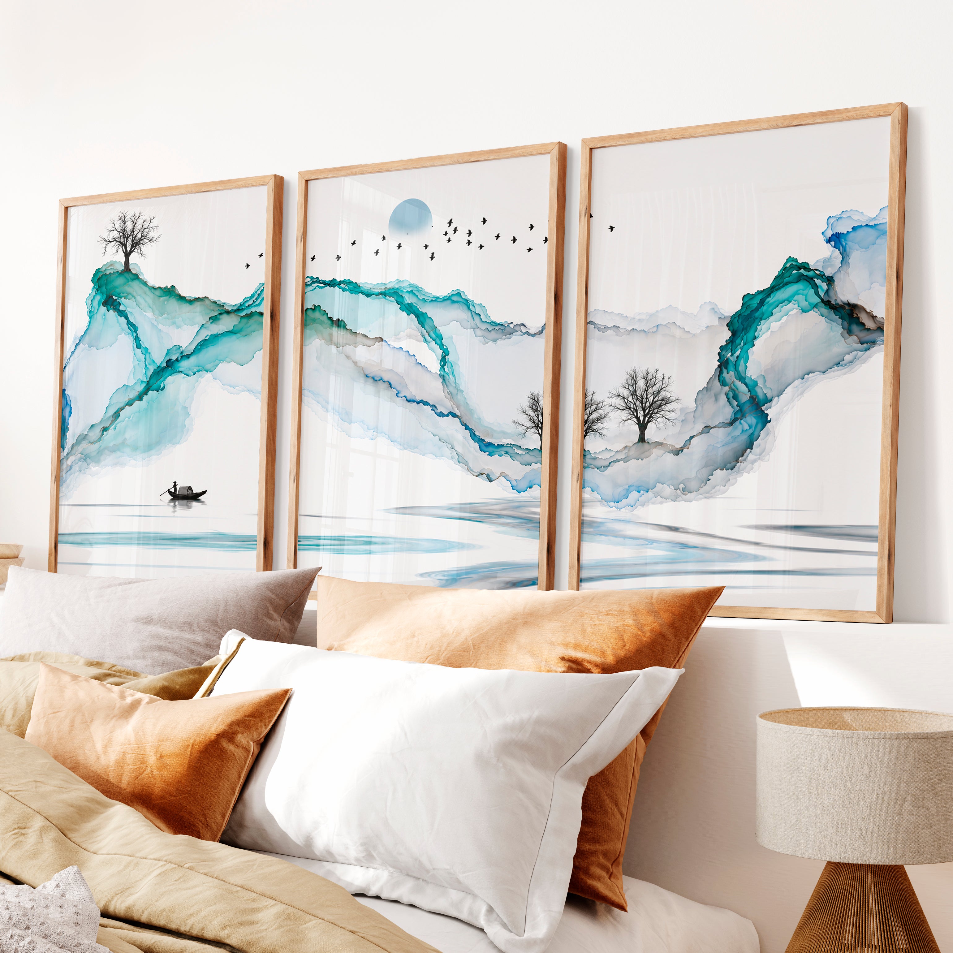 Japanese art featuring Koi Fish in Sumi-e Triptych - Natural Wood Framed Poster No Border - Artworksets