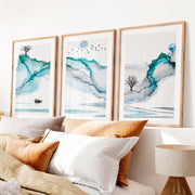 Japanese art featuring Koi Fish in Sumi-e Triptych- Natural Wood Framed Poster with White Border - Artworksets