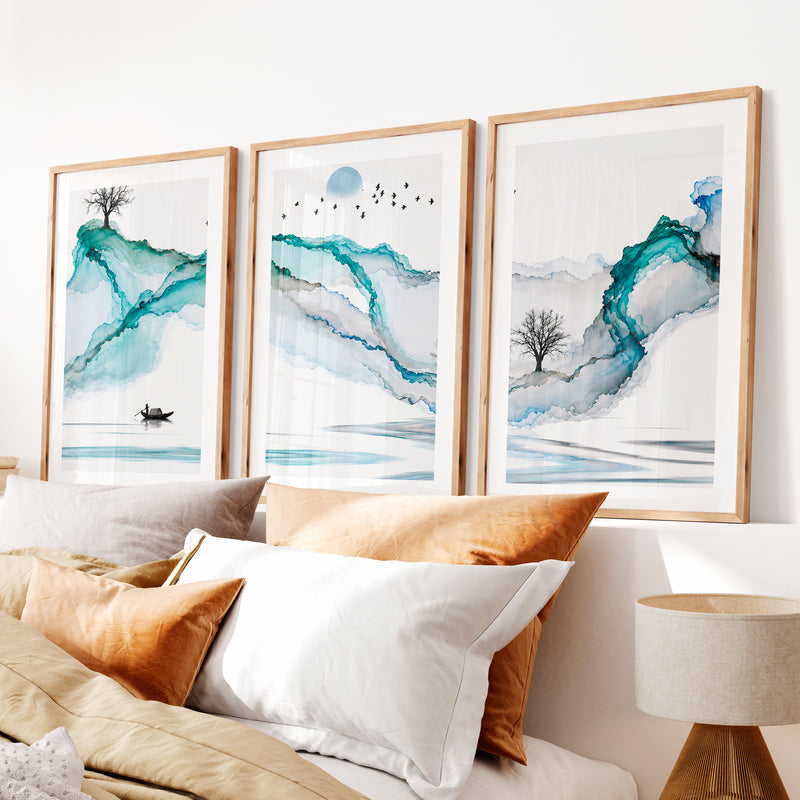 Japanese art featuring Koi Fish in Sumi-e Triptych- Natural Wood Framed Poster with White Border - Artworksets