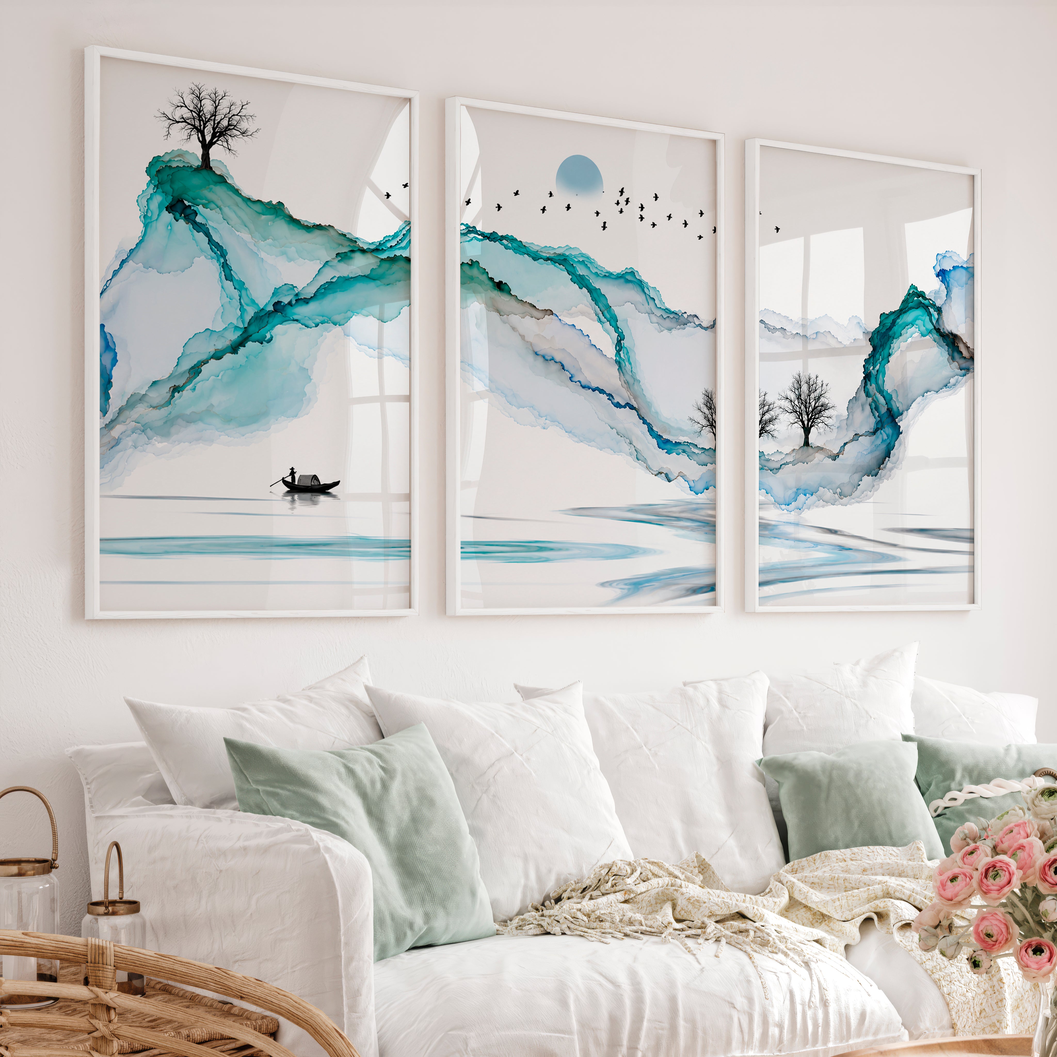 Japanese art featuring Koi Fish in Sumi-e Triptych - White Framed Poster No Border - Artworksets