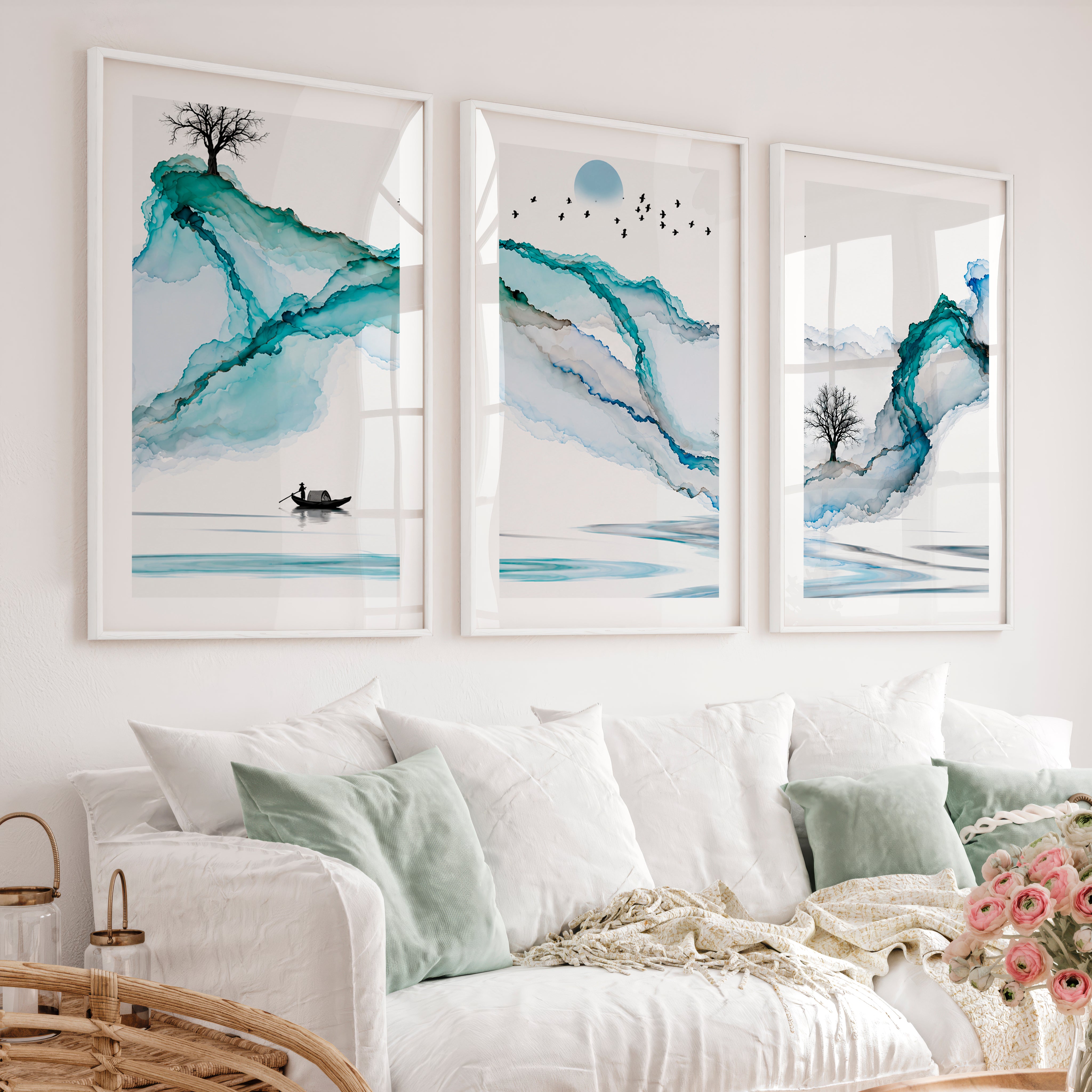 Japanese art featuring Koi Fish in Sumi-e Triptych - White Framed Poster with White Border - Artworksets