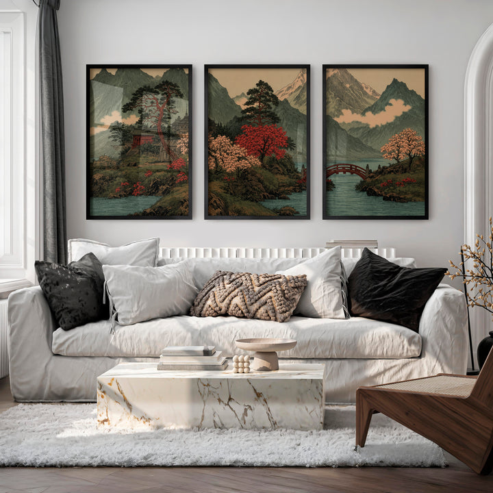Japanese Art with Orange Sun and Flying Birds Triptych - Black Framed Poster No Border - Artworksets