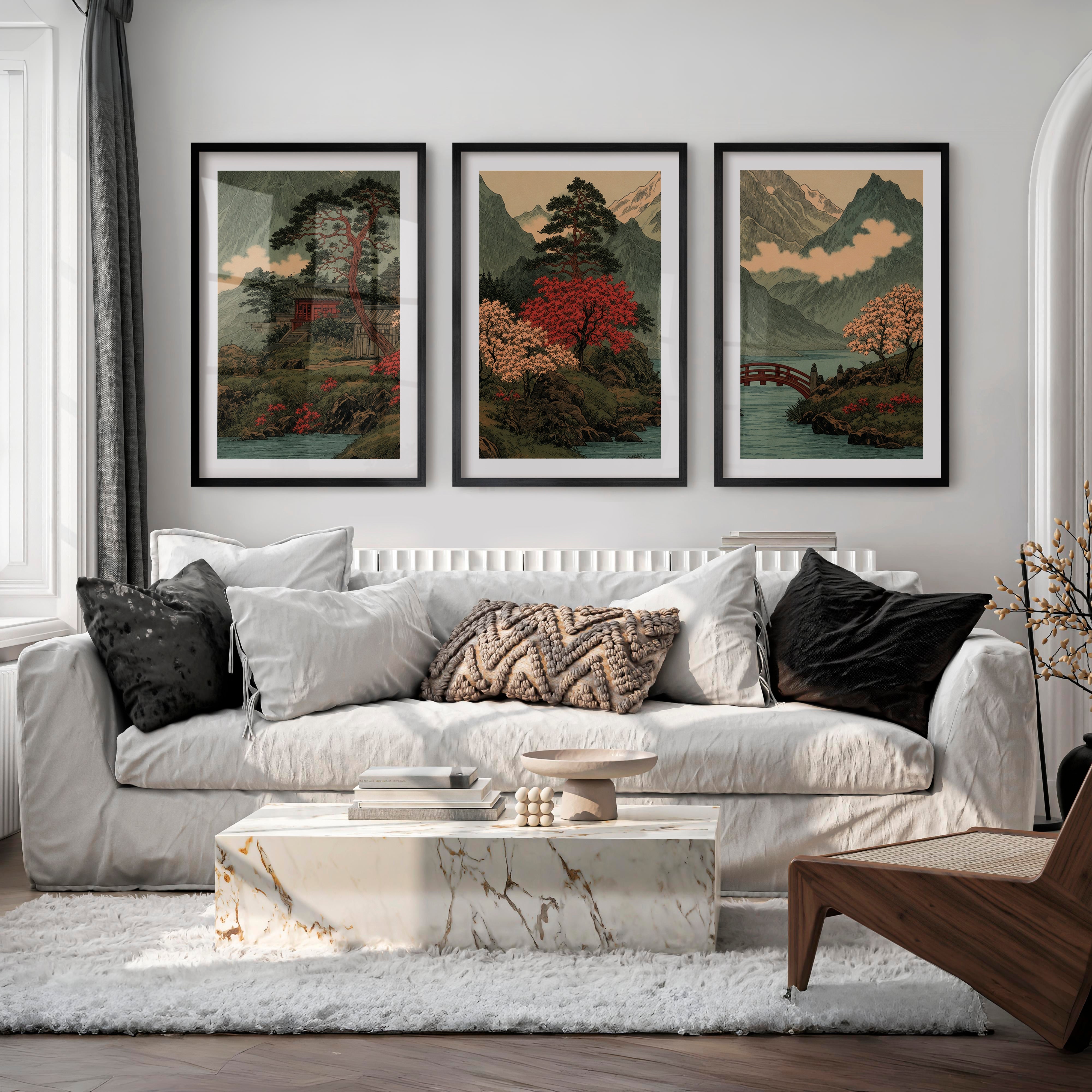 Japanese Art with Orange Sun and Flying Birds Triptych - Black Framed Poster with White Border - Artworksets