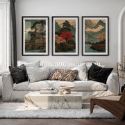 Japanese Art with Orange Sun and Flying Birds Triptych - Black Framed Poster with White Border - Artworksets