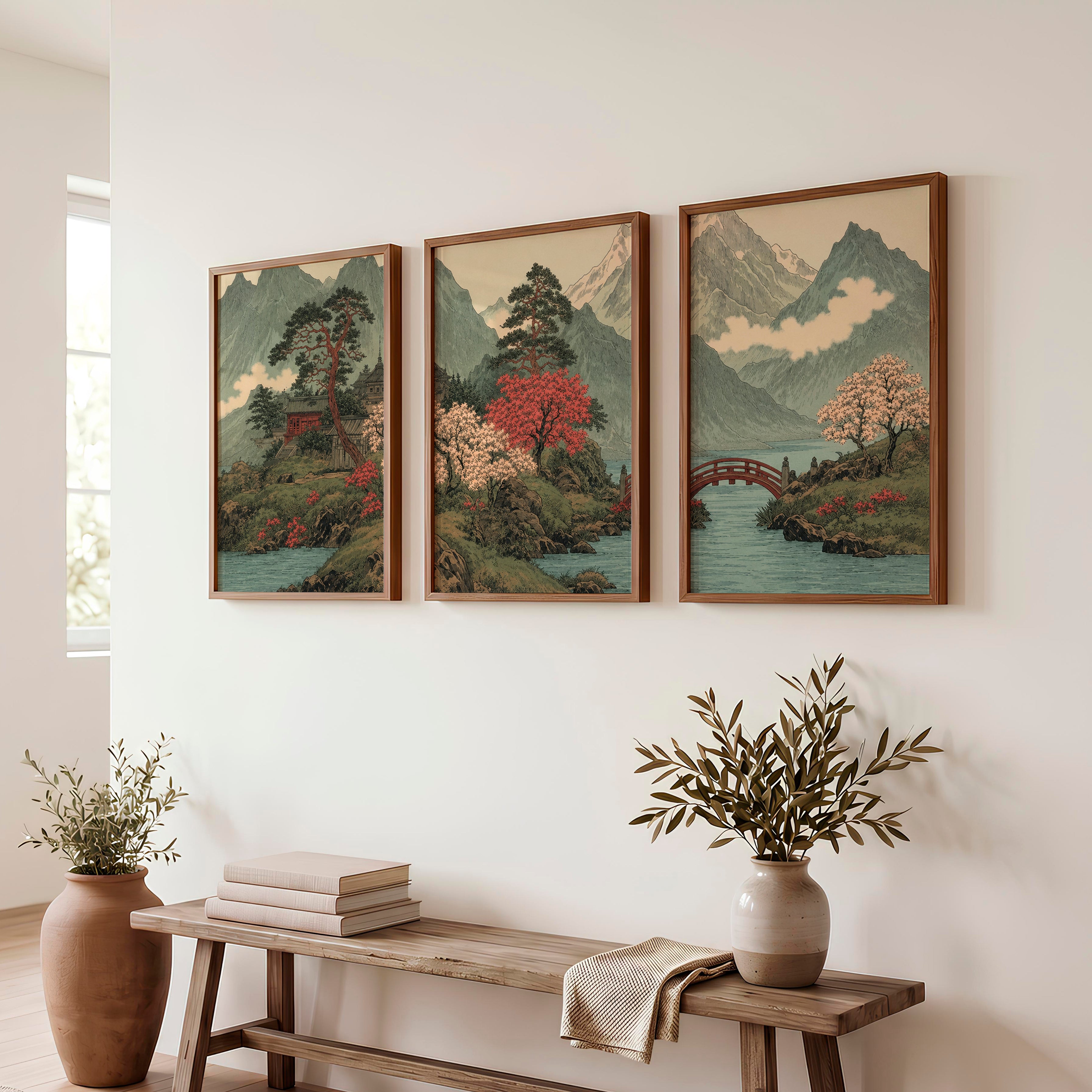 Japanese Art with Orange Sun and Flying Birds Triptych - Dark Brown Framed Poster No Border - Artworksets